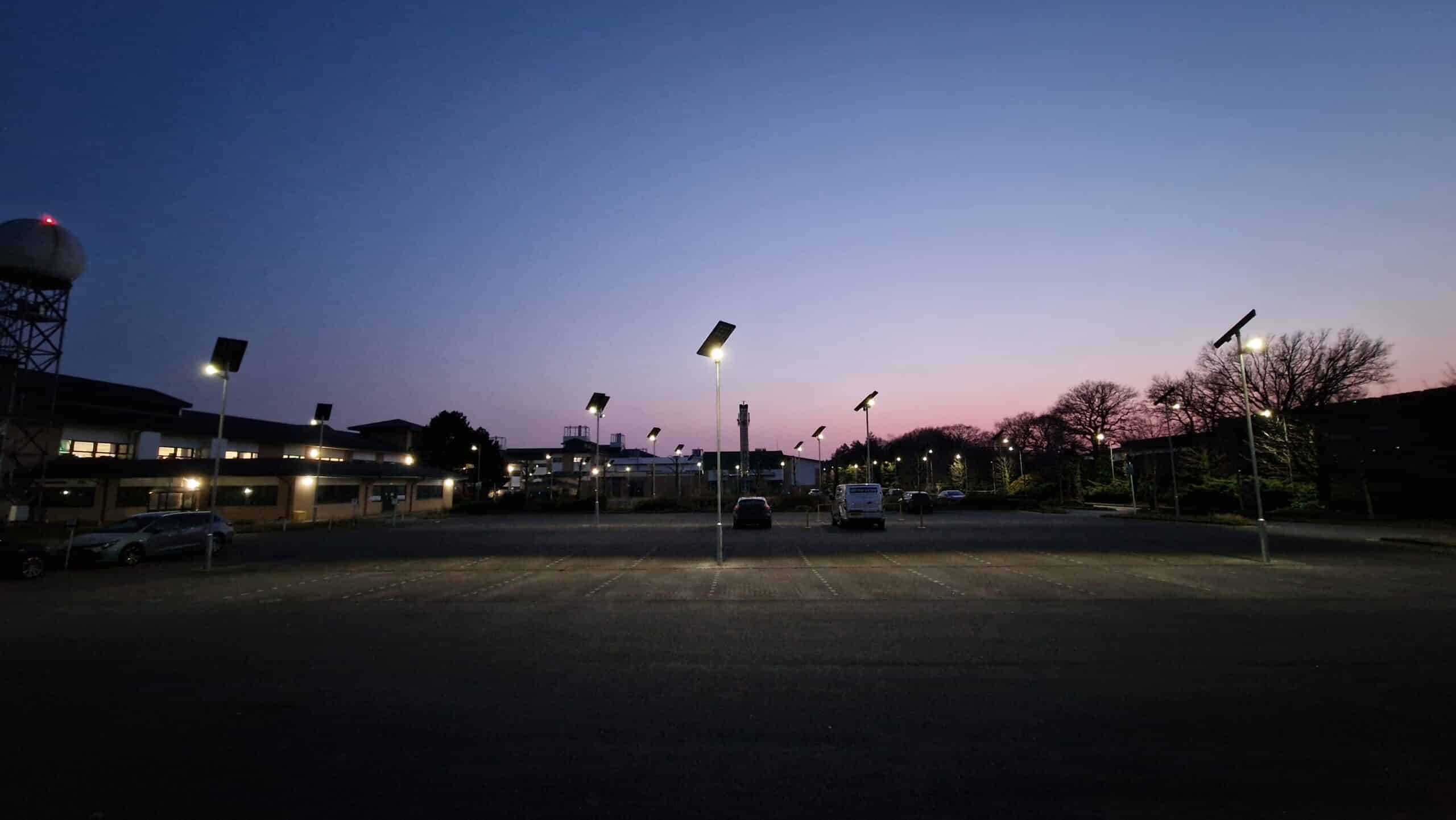 Car park at night with solar street lights