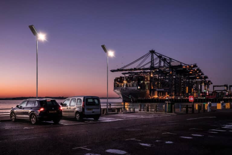 British Ports - Felixstowe Port aka Port of Felixstowe in Suffolk UK, the UKs largest container port. Felixstowe Port at dusk.